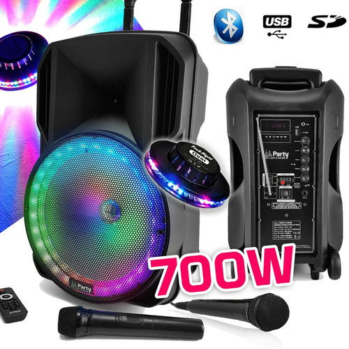 Party Light & Sound - Enceinte sono DJ PARTY KARAOKE 700W portable Batterie 2 MICROS Disco Mobile 12 LED RGB USB/MICRO SD/Bluetooth / RADIO FM + OVNI Party Light & Sound  - Party Light & Sound