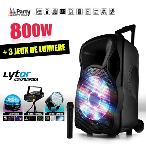 Party Light & Sound - Enceinte mobile active 800W 15" LED/USB/BT/SD/FM + Micro + 3 jeux de lumière LytOr Party Light & Sound  - Sono portable avec micro sans fil