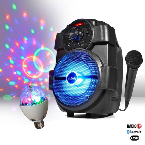 Party Light & Sound - Enceinte karaoke batterie 180W - USB/BLUETOOTH/FM + Ampoule d'ambiance 4 couleurs + Micro - Enceinte nomade