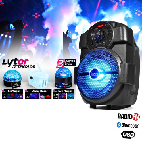 Party Light & Sound - Enceinte karaoke batterie 180W - USB/BLUETOOTH/RADIO + 3 Jeux de lumière Pack Kolor - Enceinte nomade