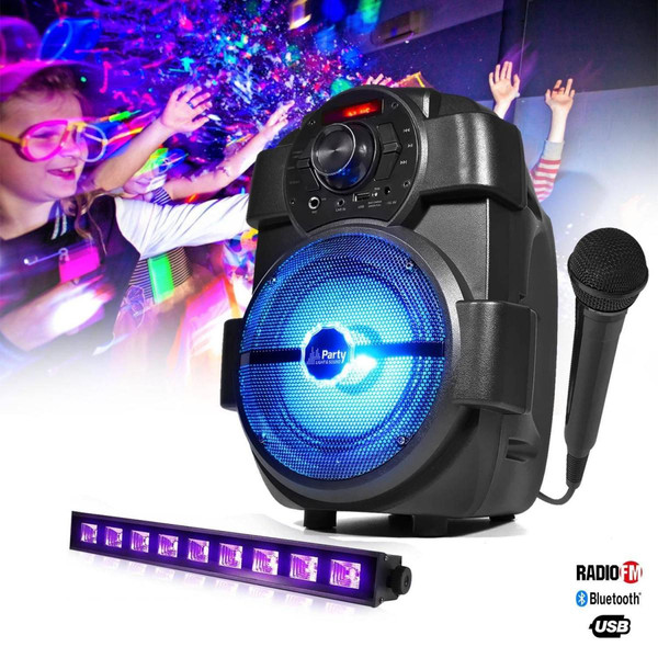 Enceinte nomade Party Light & Sound Enceinte karaoke batterie 180W - USB/BLUETOOTH/RADIO + Barre Uv à LED 9x3W + Microphone