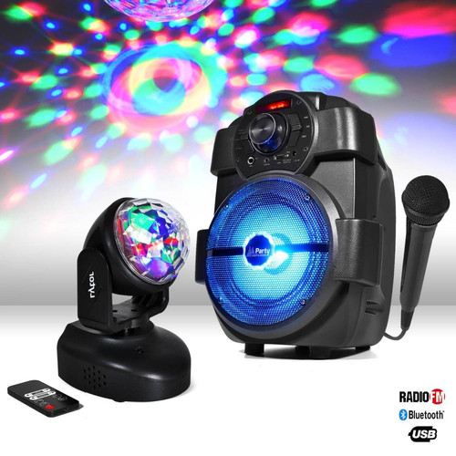 Party Light & Sound - Enceinte karaoke batterie 180W - USB/BT/FM + Micro + Lyre LED effet Magic Ball 6x1W - Enceinte nomade