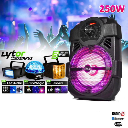 Party Light & Sound - Enceinte karaoke mobile 250W 8" USB/BT/FM + 3 Jeux de lumière Strobe + Dôme Astro + Zirkus - Enceinte nomade
