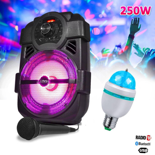 Party Light & Sound - Enceinte karaoke mobile 250W 8" USB/BT/FM + Ampoule d'ambiance 3 couleurs + Micro - Enceinte nomade