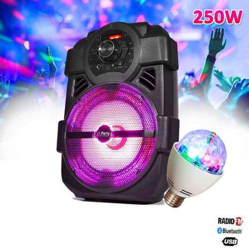Party Light & Sound - Enceinte karaoke mobile 250W 8" USB/BT/FM + Ampoule d'ambiance 4 couleurs - Enceinte nomade