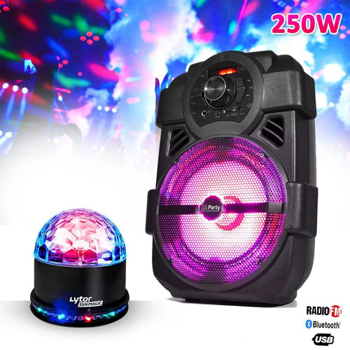Party Light & Sound - Enceinte karaoke mobile 250W 8" USB/BT/FM + Jeu de lumière effet Astro/Ovni - Party Light & Sound