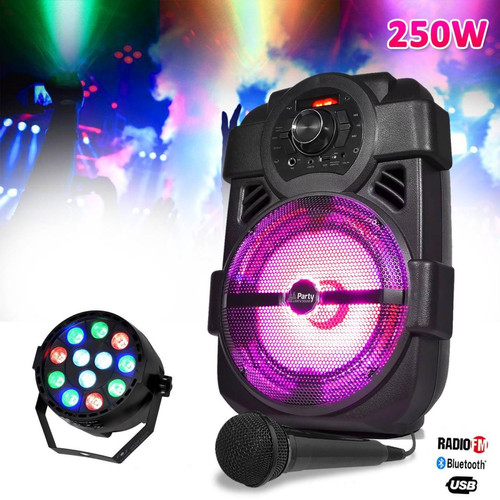 Party Light & Sound - Enceinte karaoke mobile 250W 8" USB/BT/FM + Jeu de lumière PAR mini RGBW + Micro - Enceinte nomade