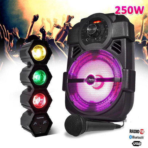 Party Light & Sound - Enceinte karaoke mobile 250W 8" USB/BT/FM + Jeu lumière Chenillard lampes RVJ + Micro - Enceinte nomade
