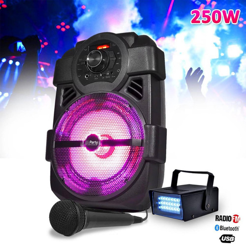 Party Light & Sound - Enceinte karaoke mobile 250W 8" USB/BT/FM + Mini Stroboscope à LED + Micro - Party Light & Sound