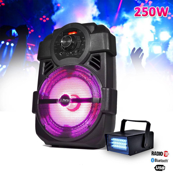 Enceinte nomade Party Light & Sound Enceinte karaoke mobile 250W 8" USB/BT/FM + Mini Stroboscope à LED