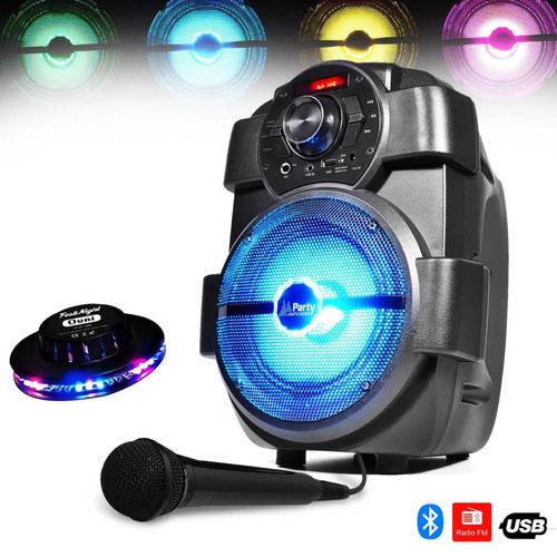 Party Light & Sound - Enceinte Karaoke Mobile sur batterie 180W Leds USB/BLUETOOTH/FM + Jeu lumière OVNI + Micro - Party Light & Sound