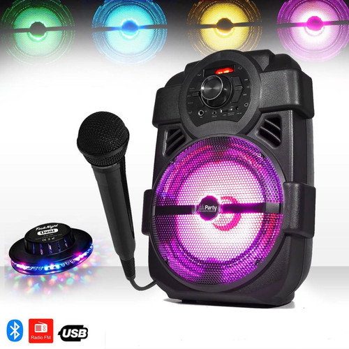 Party Light & Sound - Enceinte mobile KARAOKE batterie 250W à LEDs USB/BLUETOOTH/FM + Jeu lumière OVNI + Micro - Party Light & Sound