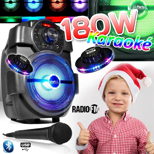 Retours de scène Party light Karaoké Enfants Enceinte 180W portable Batterie HANDY180 avec MICRO USB/BLUETOOTH/ RADIO FM + 2 OVNI