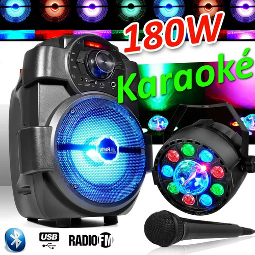 Retours de scène Party light Karaoké Enfants Enceinte 180W portable MICRO Batterie HANDY180 avec USB/BLUETOOTH/ RADIO FM + PAR Ayden