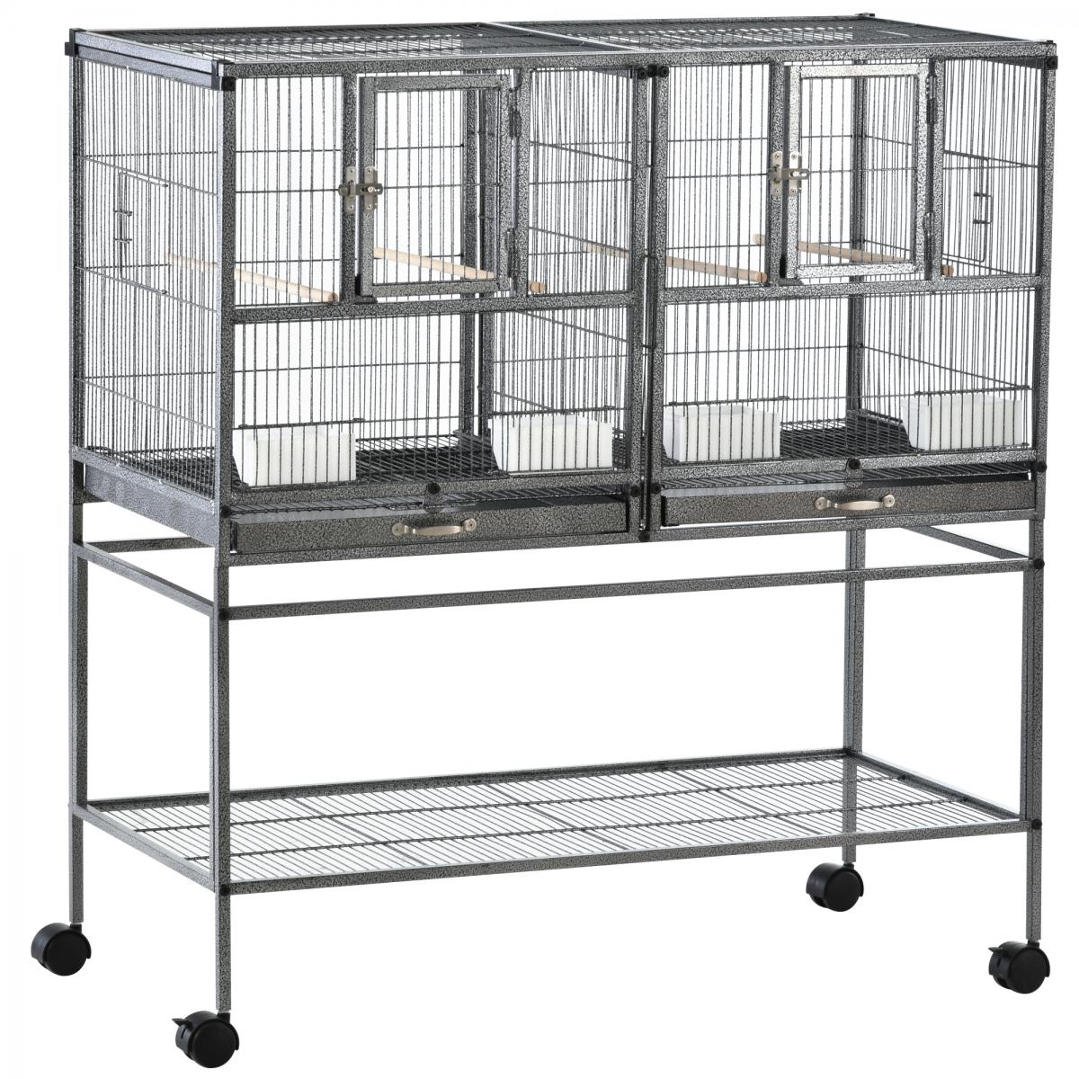 Pawhut - Cage à oiseaux avec séparation mangeoire et perchoir 95L x 45l x  102H cm Noir et Gris - Cage à oiseaux - Rue du Commerce