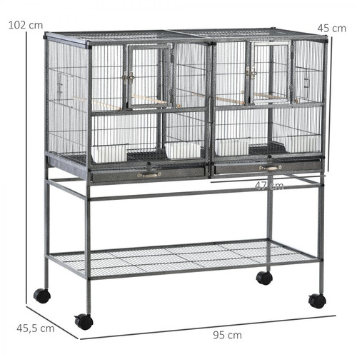 Pawhut Cage à oiseaux avec séparation mangeoire et perchoir 95L x 45l x 102H cm Noir et Gris