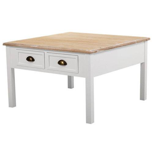 Pegane Table basse en bois avec 2 tiroirs coloris blanc, naturel  - Longueur 80 x Profondeur 80 x Hauteur 50  cm
