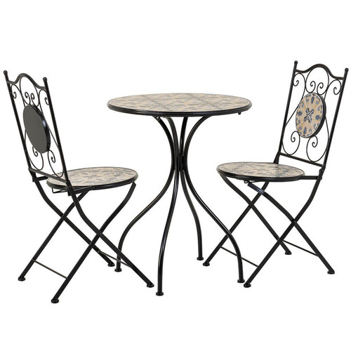 Pegane - Ensemble table et 2 chaises en mosaïque multicolore et fer forgé coloris noir Pegane  - Table fer forge