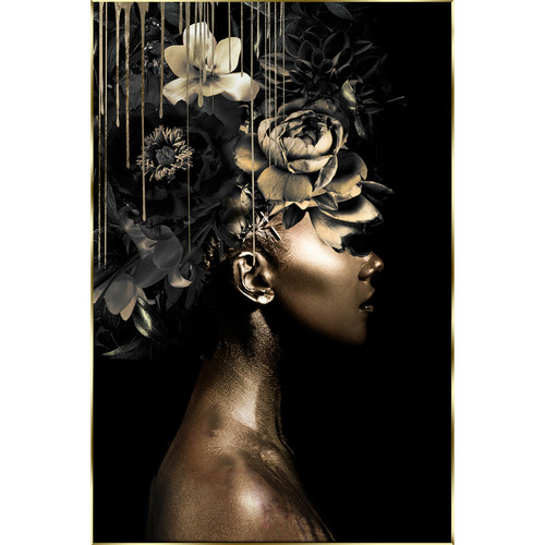 Pegane - Tableau imprimé jeune fille dorée, photo en verre trempé avec cadre en bois doré - Longueur 80 x Profondeur 2 x Hauteur 120 cm Pegane  - Peinture doree bois
