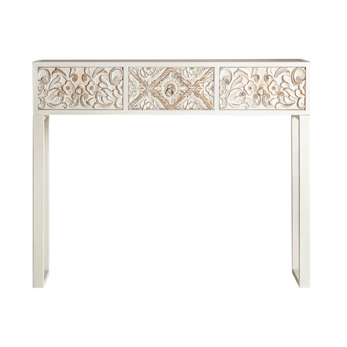 Pegane - Table console, meuble console en bois coloris blanc rayé et pieds en fer blanc - Longueur 100 x Profondeur 35 x Hauteur 82 cm Pegane  - Table bois fer