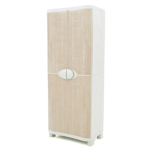 Pegane - Armoire meuble de rangement 2 portes intérieur/extérieur coloris beige/hêtre - Longueur 70 x Profondeur 45 x Hauteur 184 cm - Pegane