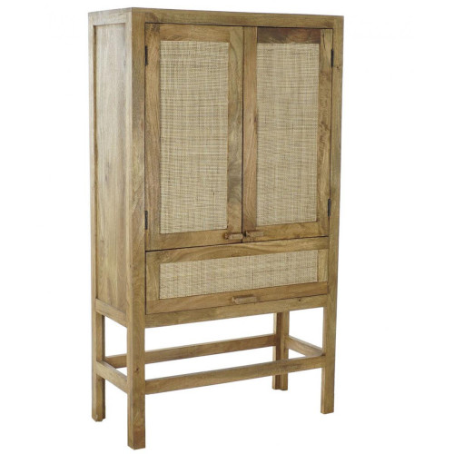 Pegane - Buffet haut meuble de rangement en bois de manguier marron foncé et rotin coloris naturel - Longueur 90 x Hauteur 160 x Profondeur 40 cm - Commode rotin
