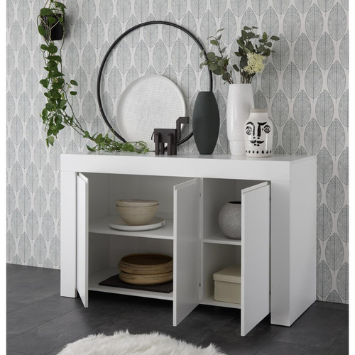 Pegane Buffet, meuble de rangement 3 portes coloris blanc mat - Longueur 138  x hauteur 81 x profondeur 42 cm