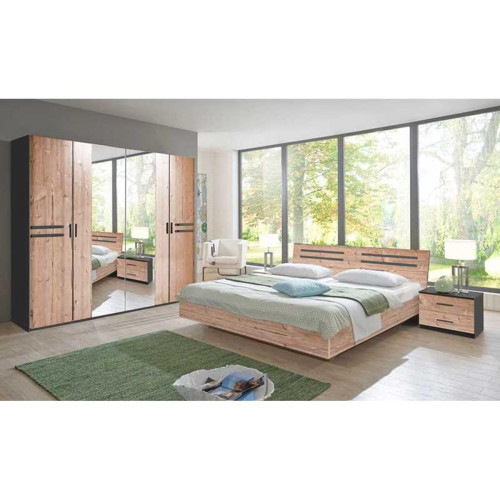 Pegane - Chambre à coucher compléte adulte (lit 160 x 200 + 2 chevets + armoire) coloris effet bois - Chambre complète