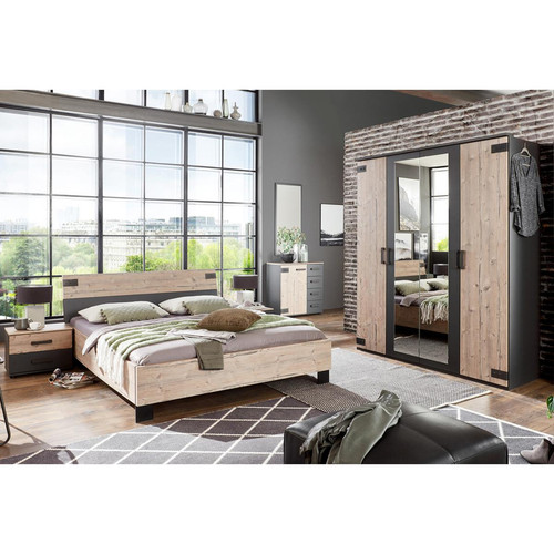 Pegane - Chambre à coucher complète adulte (lit 160x200 cm + 2 chevets + armoire + commode) coloris chêne Pegane  - Chambre complète