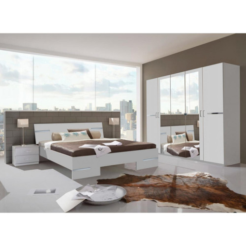 Pegane - Chambre à coucher complète adulte (lit 160x200 cm + 2 chevets + armoire), coloris blanc/chrome brillant - Chambre complète