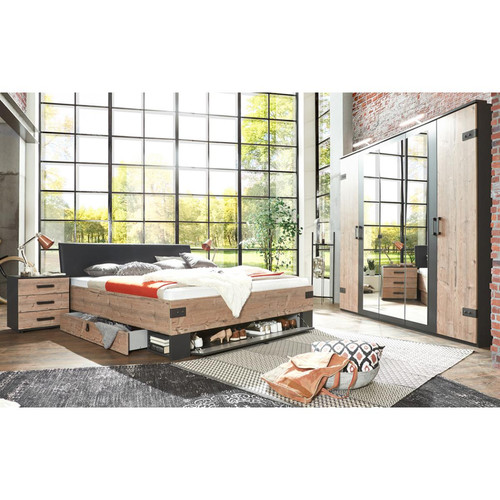 Chambre complète Pegane Chambre à coucher complète adulte (lit 180 x 200cm + 2 chevets + armoire) coloris imitation chêne/gris foncé