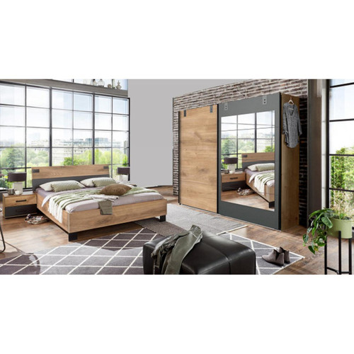 Chambre complète Pegane Chambre à coucher complète adulte (lit 180x200 cm + 2 chevets + armoire) coloris chêne foncé