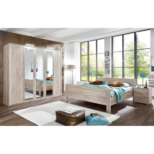 Pegane - Chambre à coucher complète adulte (lit 180x200cm + 2 chevets + armoire) coloris imitation chêne Pegane  - Chambre complète
