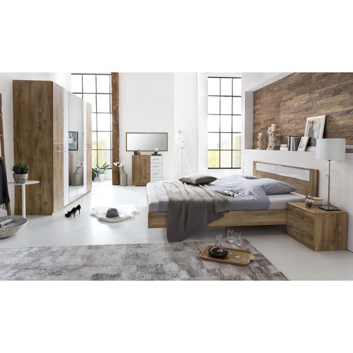 Pegane - Chambre à coucher en panneaux de particules imitation chêne poutre/blanc/chrome - 140 X 200 cm Pegane  - Chambre a coucher complete
