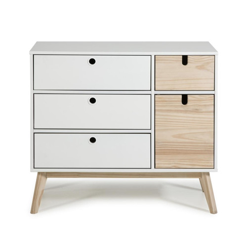 Pegane - Commode,  meuble de rangement en pin et MDF coloris blanc, naturel - Longueur 90  x Profondeur 40 x Hauteur 80 cm - Chambre Blanc, brun gris