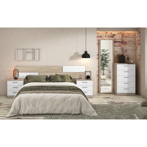 Pegane - Ensemble chambre à coucher, tête de lit, 2 tables chevets + chiffonnier + miroir coloris chêne cambrian , blanc - Têtes de lit