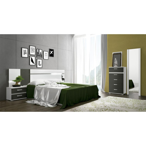 Pegane - Ensemble chambre à coucher, tête de lit avec LED + 2 tables chevets + chiffonnier + miroir mural long coloris blanc/graphite - Têtes de lit Blanc