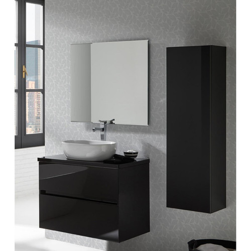 Pegane - Ensemble de salle de bain coloris noir avec vasque à poser + miroir + colonne - Longueur meuble 100 x Profondeur 46 x Hauteur 56 cm Pegane  - Meuble colonne salle de bain