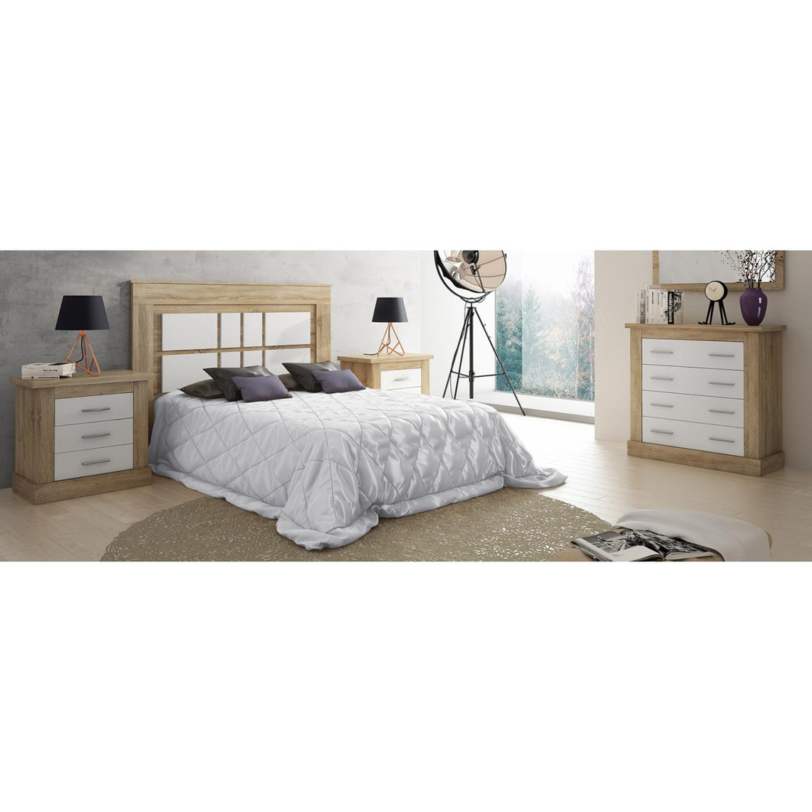 Têtes de lit Pegane Ensemble de tête de lit avec pieds + 2 tables de chevet + commode coloris chêne cambrian, blanc