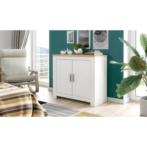 Pegane Meuble bas, meuble de rangement 2 portes coloris chêne, pin andersen - Longueur 99,5 x profondeur 45 x hauteur 90,50 cm