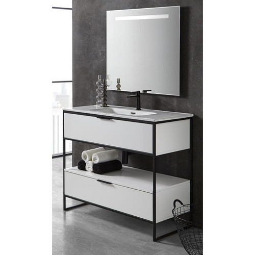 Pegane - Meuble de salle de bain avec 2 tiroirs blanc brillant avec plan moulé + miroir - Longueur 60 x Hauteur 85 x Profondeur 46 cm Pegane - meuble bas salle de bain Gris ceruse et blanc