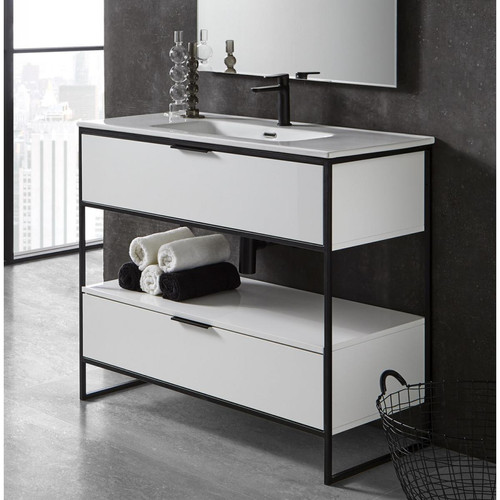Pegane - Meuble de salle de bain avec 2 tiroirs blanc brillant avec plan moulé - Longueur 100 x Hauteur 85 x Profondeur 46 cm Pegane  - meuble bas salle de bain