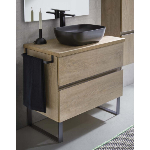 Pegane -Meuble de salle de bain avec 2 tiroirs couleur chêne nordique + vasque à poser - Longueur 80 x Hauteur 87,5 x Profondeur 46,5 cm Pegane  - meuble bas salle de bain
