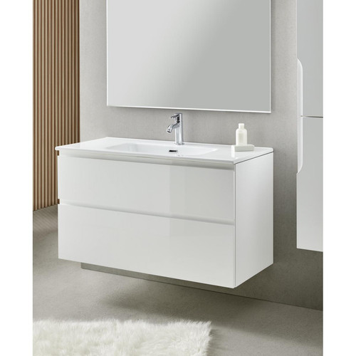 Pegane - Meuble de salle de bain avec 2 tiroirs suspendus blanc avec plan moulé + miroir - Longueur 100 x Hauteur 56 x Profondeur 46 cm Pegane - meuble bas salle de bain