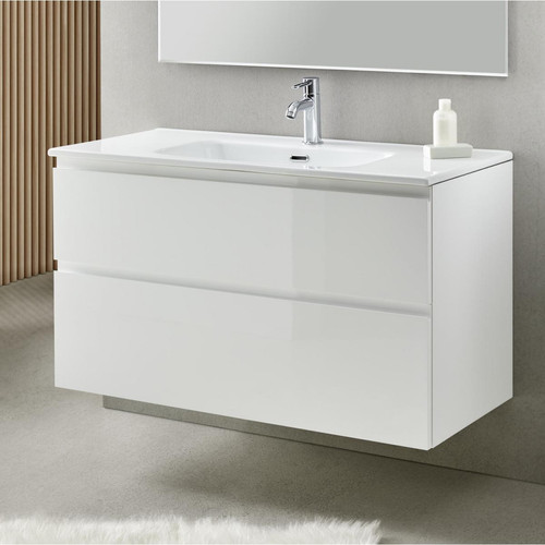 meuble haut salle de bain Pegane Meuble de salle de bain avec 2 tiroirs suspendus blanc avec plan moulé - Longueur 60 x Hauteur 56 x Profondeur 46 cm