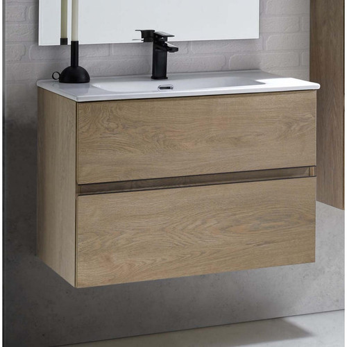 Pegane - Meuble de salle de bain avec 2 tiroirs suspendus couleur chêne Nordique avec plan moulé - Longueur 80 x Hauteur 56 x Profondeur 46 cm Pegane  - meuble bas salle de bain