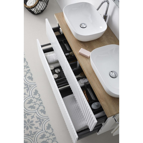 meuble haut salle de bain Meuble de salle de bain avec 4 tiroirs supendus blanc avec plan texturé coloris chêne nordique + vasques à poser + miroirs - Longueur 120 x Hauteur 56 x Profondeur 46,5 cm