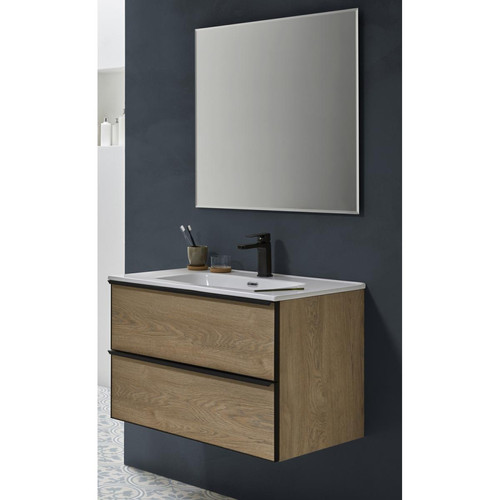 Pegane - Meuble de salle de bain avec avec 2 tiroirs suspendus couleur chêne Nordique avec plan moulé + miroir- Longueur 80 x Hauteur 50 x Profondeur 46 cm Pegane  - Miroir suspendu