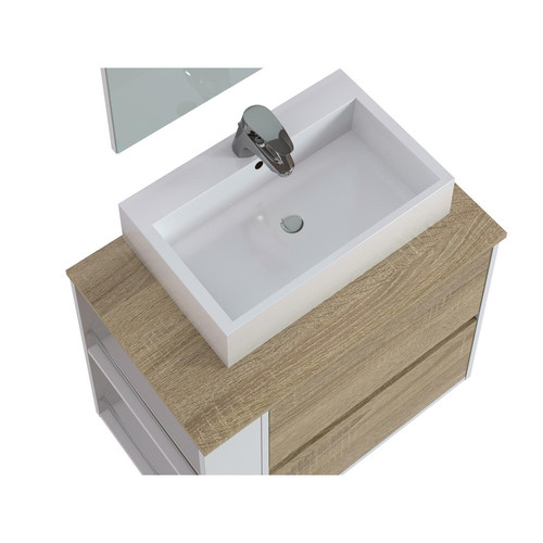 Pegane Meuble de salle de bains en mélamine chêne/blanc mat - Longueur 74 x profondeur 46 x Hauteur 73 cm