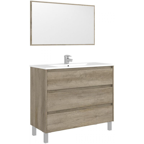 Pegane - Meuble salle de bain avec 3 Tiroirs et piètement + Miroir coloris Nordik - Hauteur 86 x Longueur 100 x Profondeur 110 cm - meuble bas salle de bain